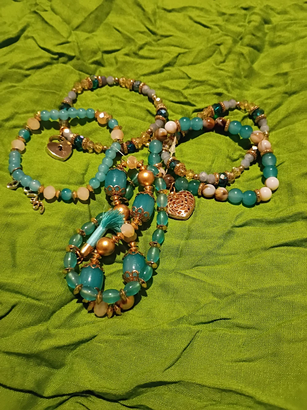 Gold Tone Stretch Bracelets with Aqua Beads – Set of 6 Bracelets. Nwot. OBO